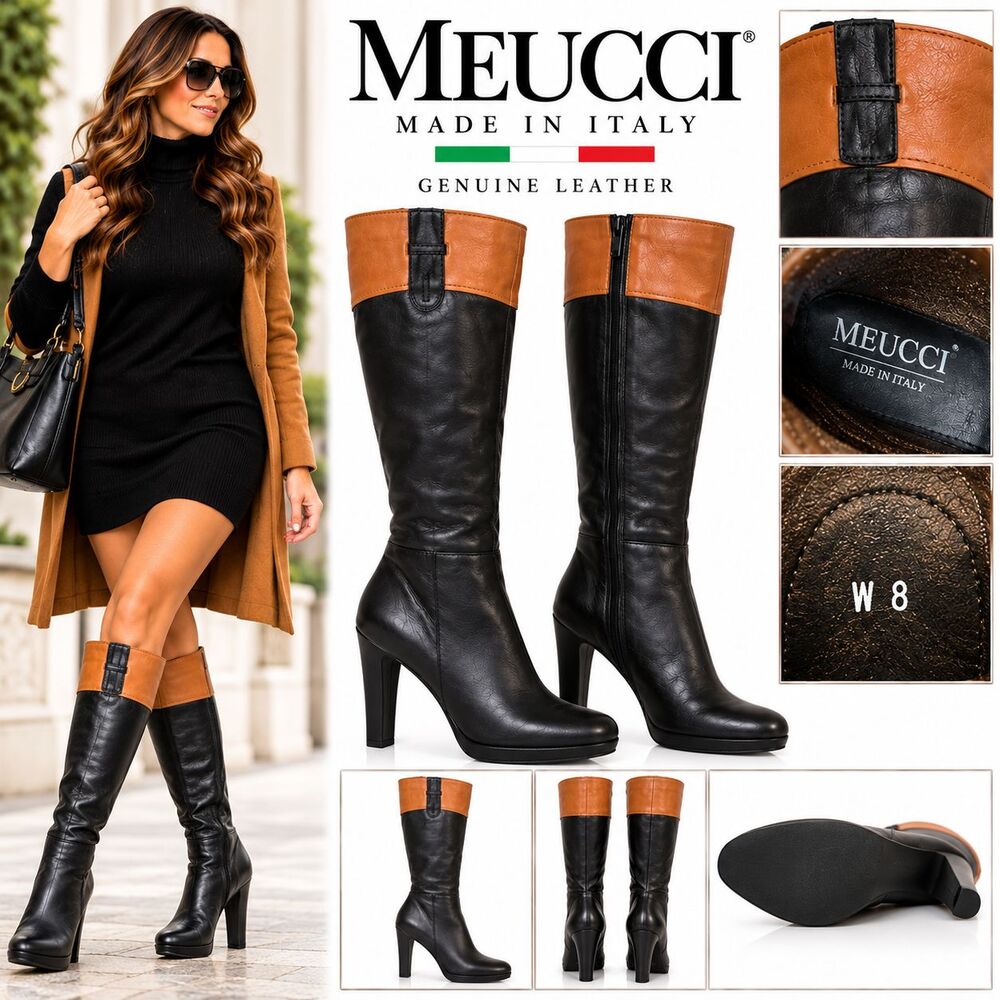 Sesto Meucci Made in Italy Women's Black Tan Leather Knee High Heel Boots Size 8